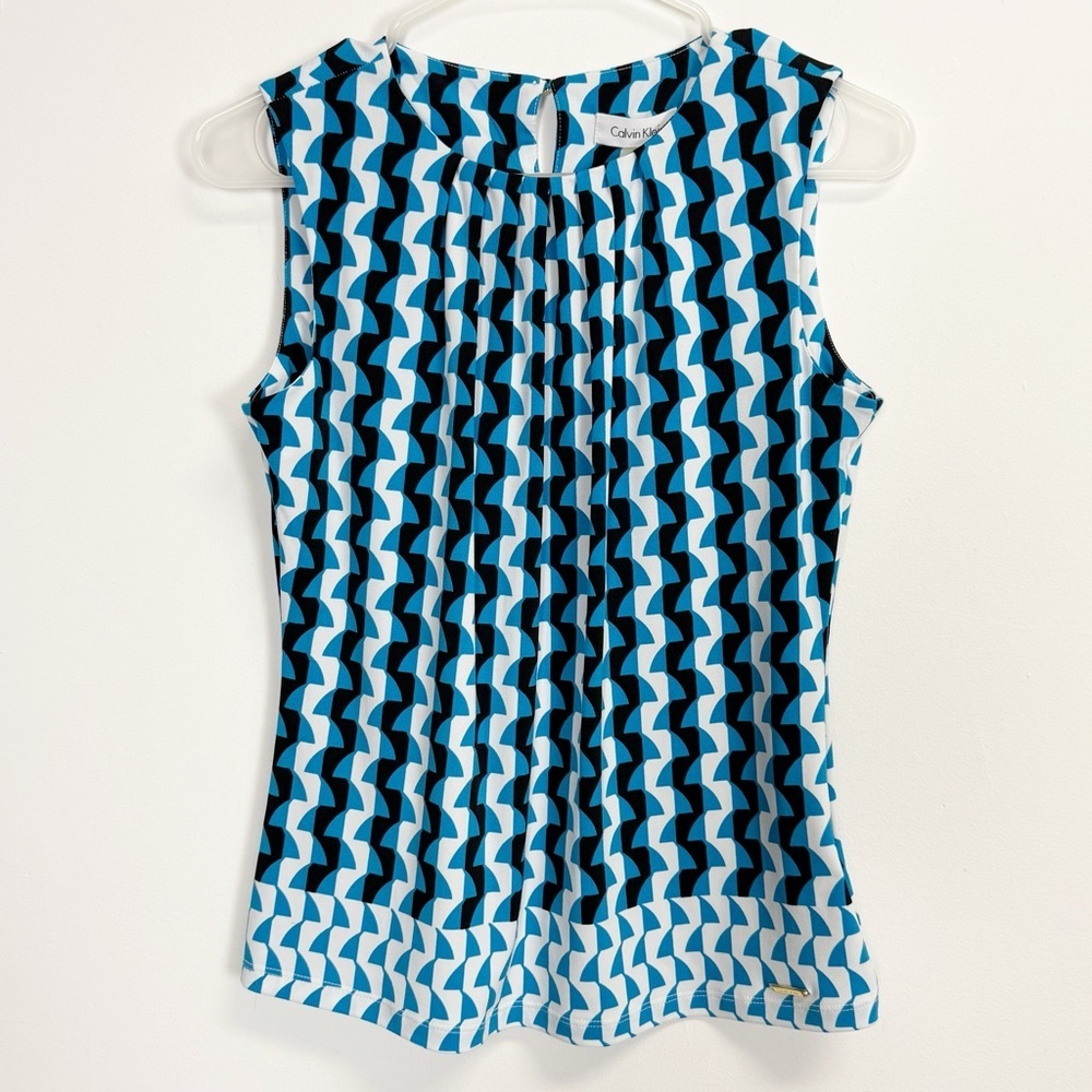 Calvin Klein Blouse Womens Size PS Petite Small Blue White Black Sleeveless NWT